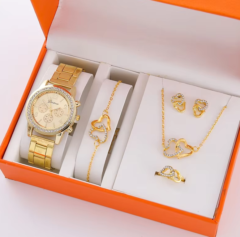 Set Eleganza – Reloj + Joyas en Caja de Lujo (5 Piezas)