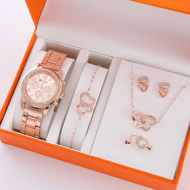 Set Eleganza – Reloj + Joyas en Caja de Lujo (5 Piezas)