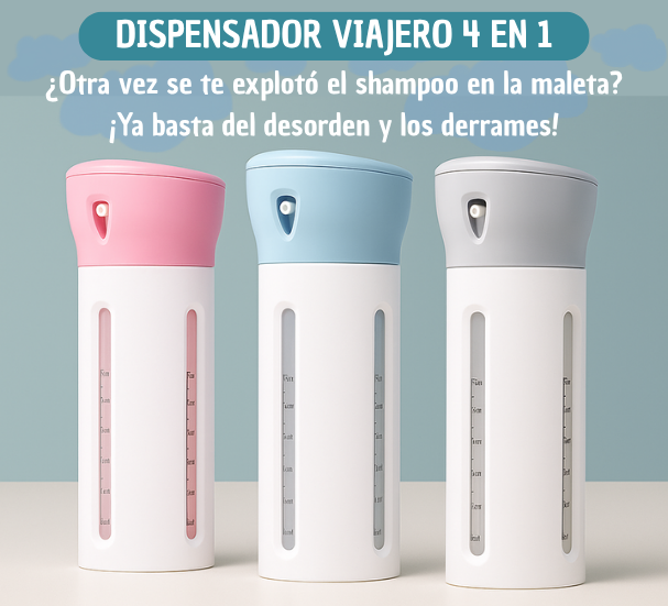 Dispensador Multiusos de Viaje – Lleva 4 líquidos en 1 solo envase