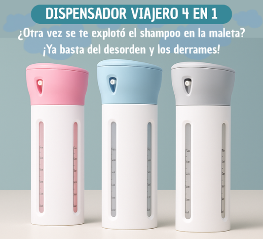 Dispensador Multiusos de Viaje – Lleva 4 líquidos en 1 solo envase