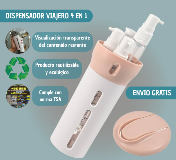 Dispensador Multiusos de Viaje – Lleva 4 líquidos en 1 solo envase
