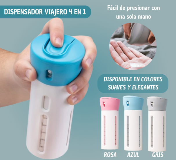 Dispensador Multiusos de Viaje – Lleva 4 líquidos en 1 solo envase