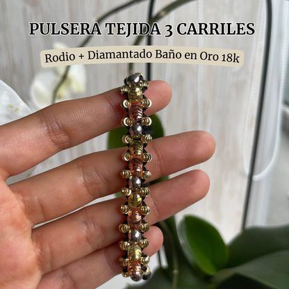 Pulsera Tejida 3 Carriles + Diamantada 3 Oros