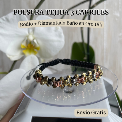 Pulsera Tejida 3 Carriles + Diamantada 3 Oros