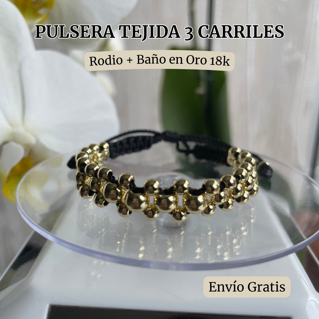 Pulsera Tejida 3 Carriles - Baño Oro 18K