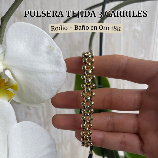 Pulsera Tejida 3 Carriles - Baño Oro 18K